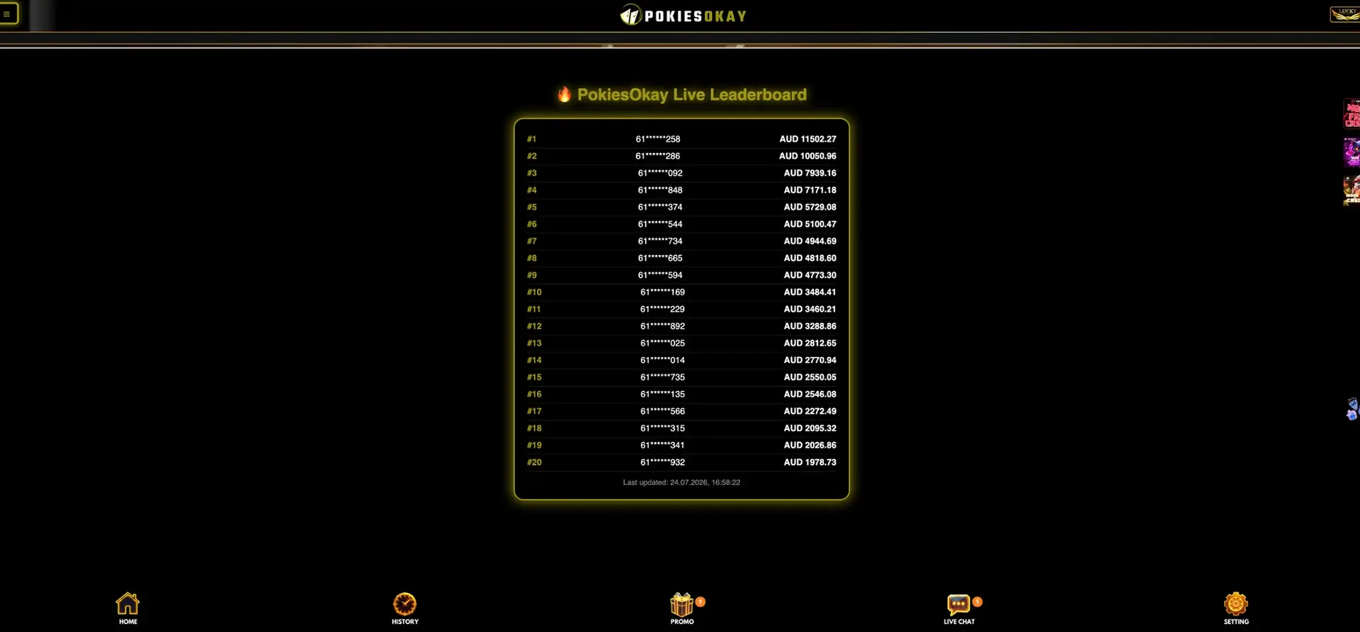 Live winners leaderboard